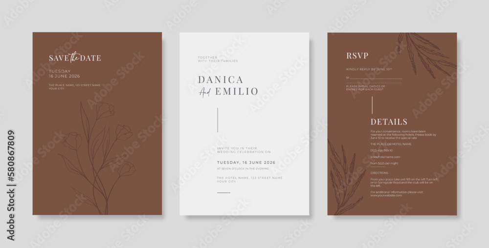 Simple Brown and white wedding card template. Simple and minimalist wedding card template. trendy modern wedding invitation template.
