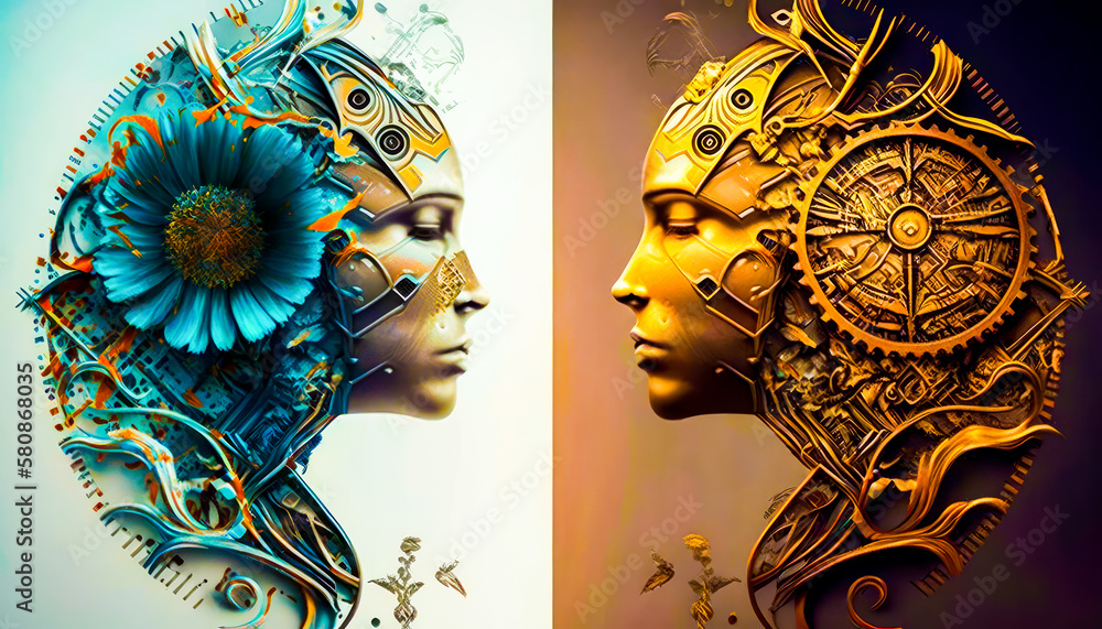 Φωτογραφία Two images of woman's face, one with flowers and the other with gears