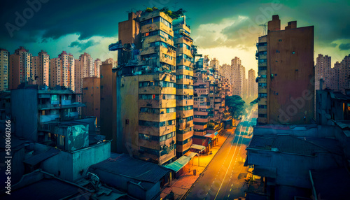 City street at dusk with tall buildings. VANISHING CITIES. Generative AI. photo