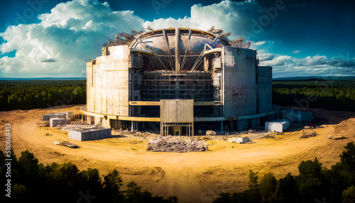 An image of large building in the middle of forest. Construction of the International Thermonuclear Experimental Reactor. Generative AI. photo