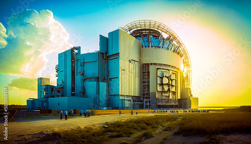 An image of large building with the sun setting behind it. Construction of the International Thermonuclear Experimental Reactor. Generative AI. photo