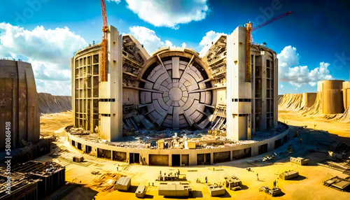 An image of futuristic building in the desert. Construction of the International Thermonuclear Experimental Reactor. Generative AI. photo