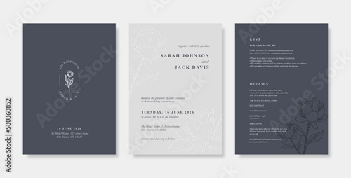 Beautifully engraved wedding card template. Simple and minimalist wedding card template. trendy modern wedding invitation template.