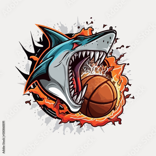 a logo future cartoon style with shark and basketball have the fire and super cool, white background