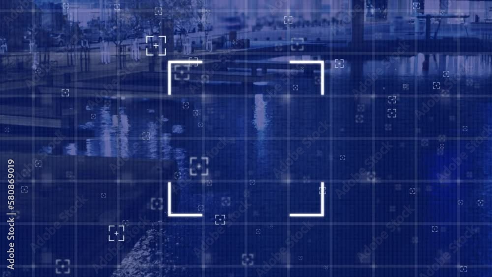 Animation of financial data processing over cityscape and grid on dark background Animation of financial data processing over cityscape and grid on dark background