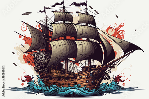 pirate ship sailing, vector illustration