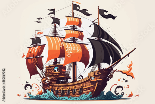 pirate ship sailing, vector illustration