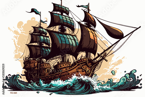 pirate ship sailing, vector illustration