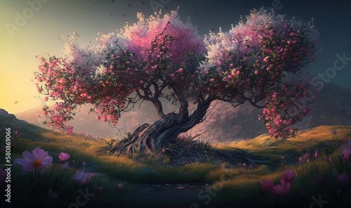  a painting of a tree in a field with flowers on it. generative ai