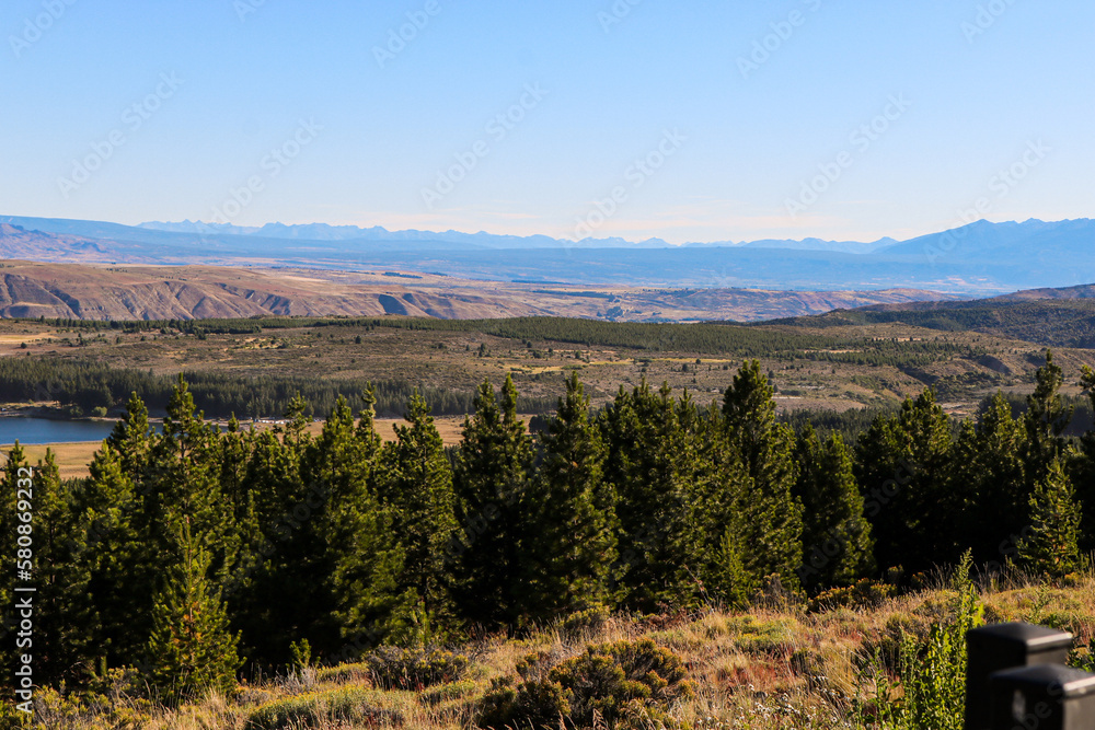 beautiful landscape with pine trees and mountains and blue sun. nature and tranquility