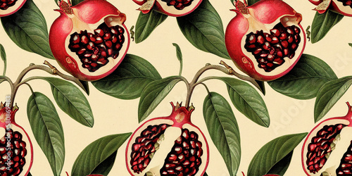 Fruit pattern. Seamless pattern of pomegranate and leaves. Vintage botanical illustration.	 photo