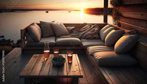Foto A comfortable and inviting outdoor lounge with a sectional sofa and coffee table, set on a wooden dock with a stunning sunset in the background