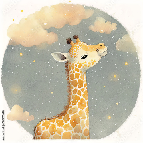 Watercolor illustration of a giraffe in night sky. Generative AI