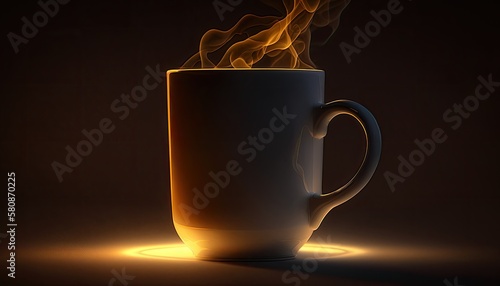 A plain white coffee mug with a steam rising from the dark liquid inside, lit by a warm yellow light. generative ai