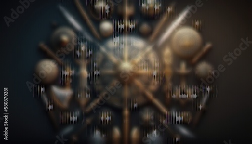 A set of medieval weapons including swords, shields and axes, arranged in a circular formation on a black background, with a warm and golden backlight creating a sense of atmosphere. generative ai