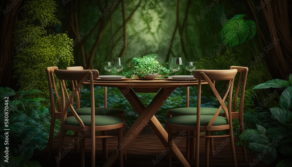 A wooden dining table set with matching chairs placed in the midst of a dense forest, with the vibrant green leaves in the background. HD, realistic, natural lighting. generative ai