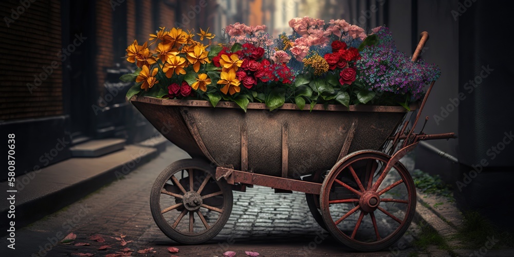 Vintage wheelbarrow filled with flowers in cityscape, concept of Rustic Charm and Urban Garden, created with Generative AI technology