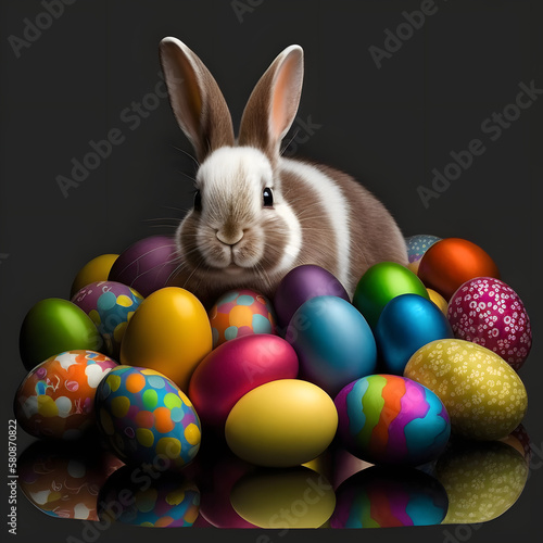 Cute easter bunny surrounded by colorful eggs © FirstChoiceGraphic