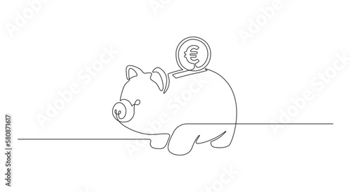One continuous line drawing of piggy bank with evro coin. Safe money symbol and business finance concept in simple linear style. Editable stroke. Doodle contour vector illustration