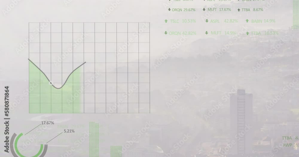 Animation of financial data processing over cityscape Animation of financial data processing over cityscape