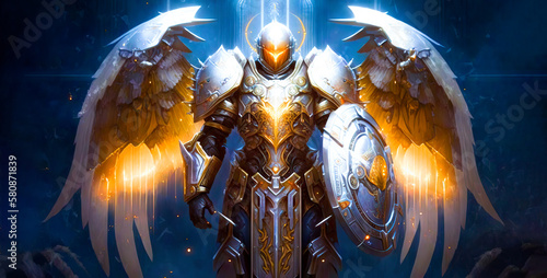 Golden paladin holy defender with armor wings.  Fantasy image created with generative ai. 