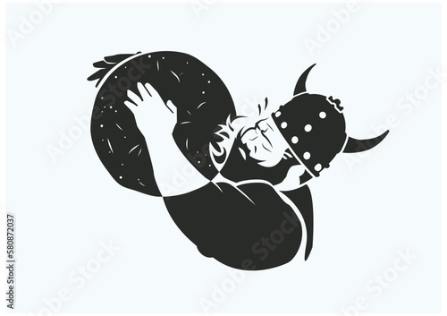 A strongman character with a metal medieval helmet is lifting a heavy stone