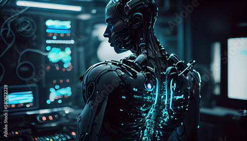 Cyborg in the biological laboratory of the Future scientific concept art. Artificial intelligence and work - Generative AI 