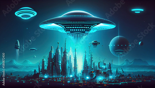 Digital technology, internet network connection futuristic innovative technology background wallpaper, alien Civilization on another planet - Generative AI