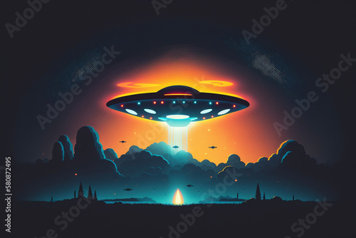 UFO Spaceship Flying Saucer Alien Beaming to Earth Landscape Smoke Clouds Space Generative AI