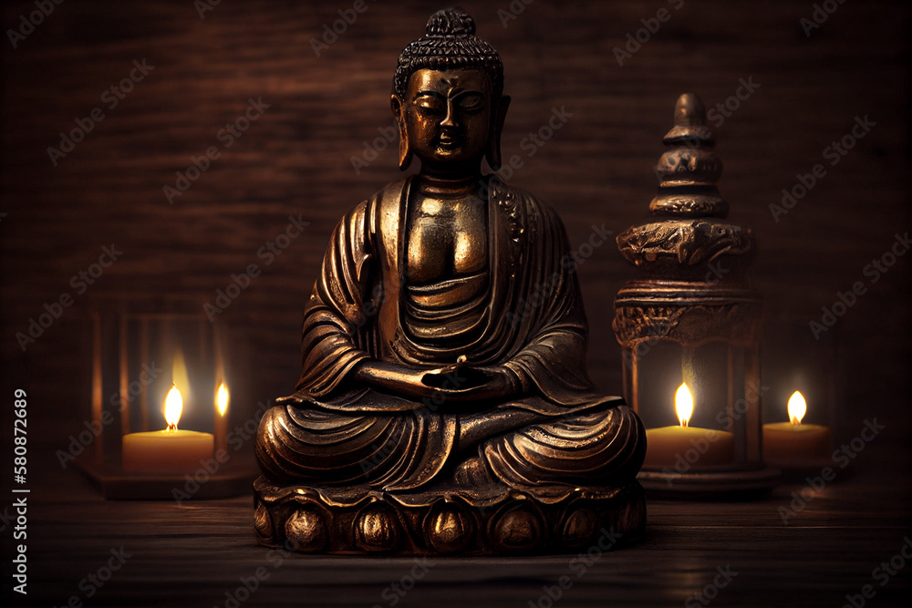 Buddha with a candle over wooden background.