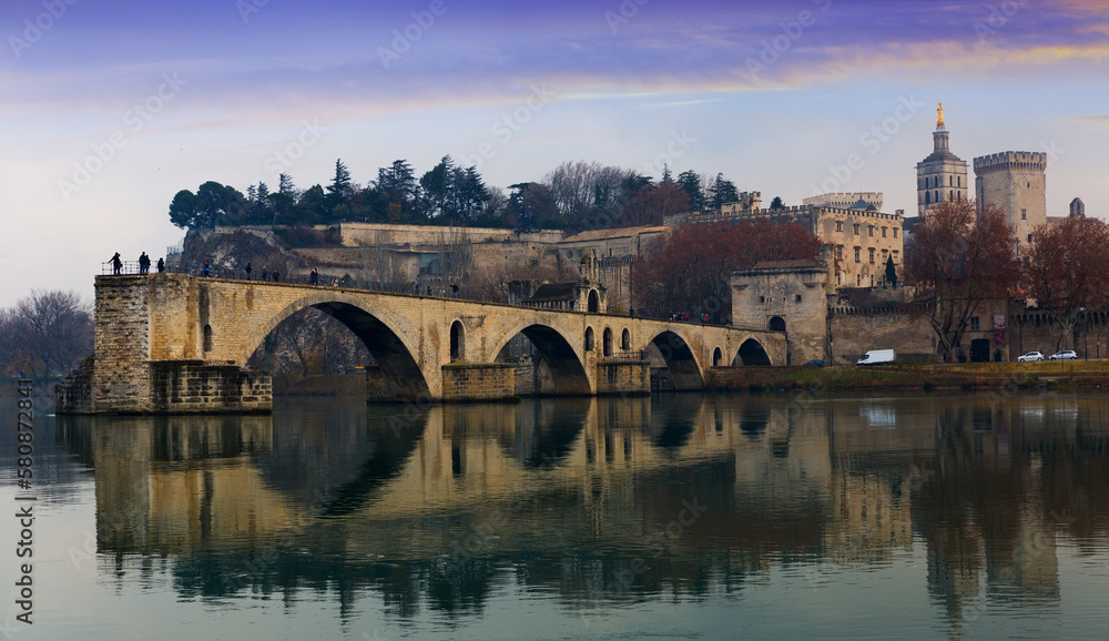 Pont Saint-Benezet and Avignon Cathedral in winter morning, France