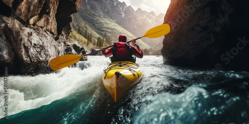 Whitewater kayaking, extreme kayaking. A guy in a kayak sails on a mountain river. digital ai art 
