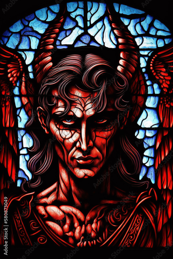 Lucifer Satan Devil Stained Glass Church Religion Window Red and Blue Generative AI