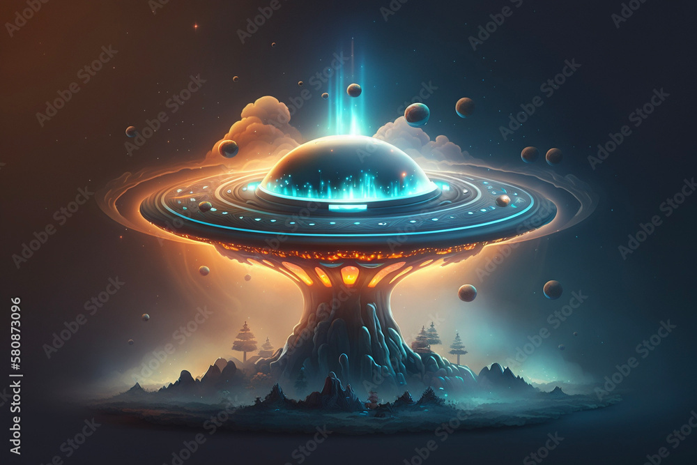 UFO Spaceship Flying Saucer Alien Beaming to Earth Landscape Smoke Clouds Space Generative AI UFO Spaceship Flying Saucer Alien Beaming to Earth Landscape Smoke Clouds Space Generative AI