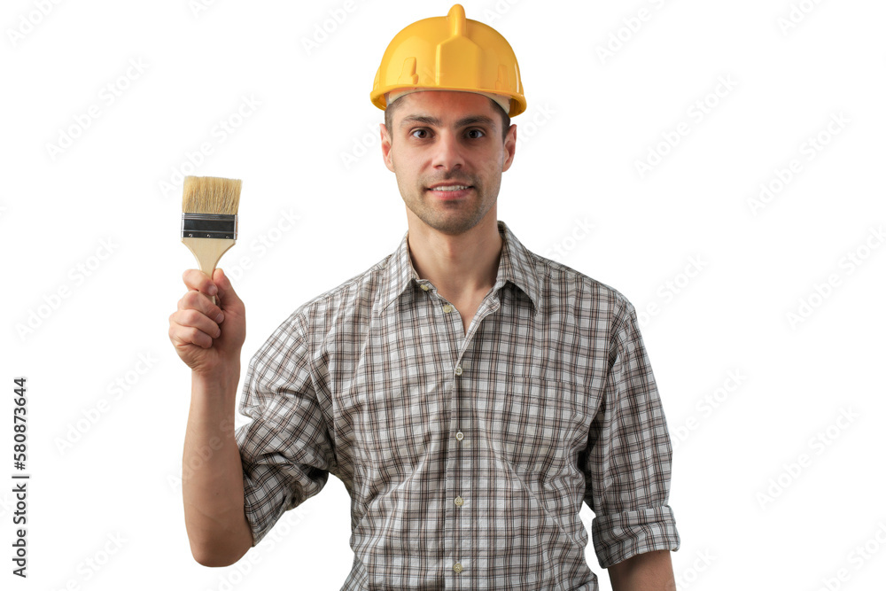 Funny Male Construction Worker in an orange helmet with a brush