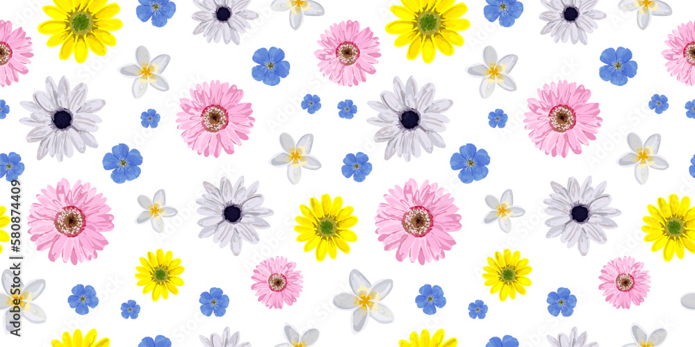 SEAMLESS VECTOR FLOWER PATTERN. Realistic flowers. Spring bright colors. Perfect design for textile and wrapping paper..