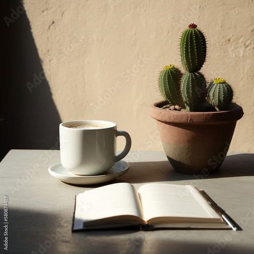 coffee cup, book and cactus pot on table