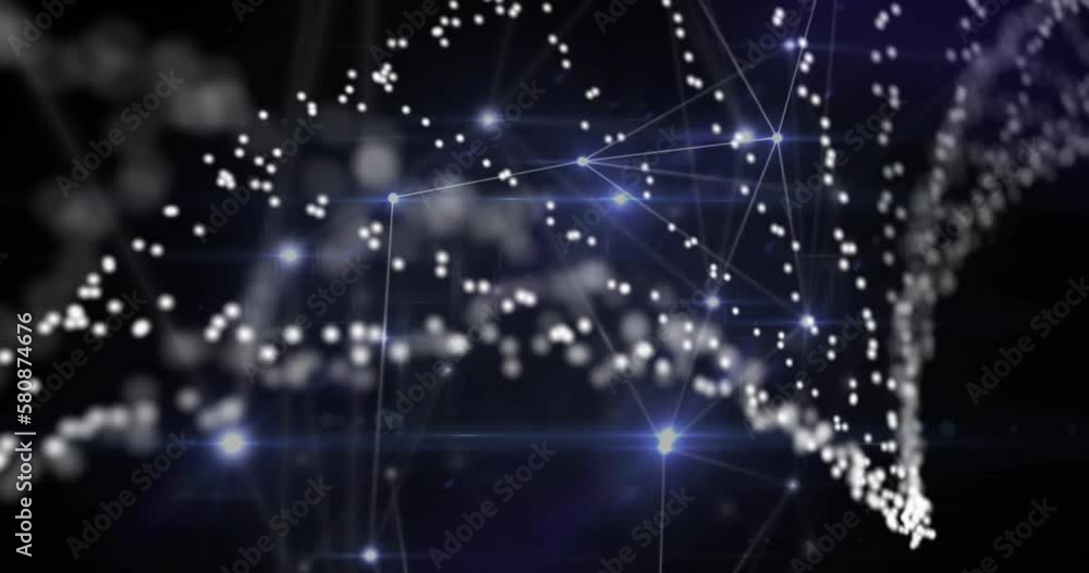 Animation of dots forming dna helix over dots connected with lines against black background Animation of dots forming dna helix over dots connected with lines against black background