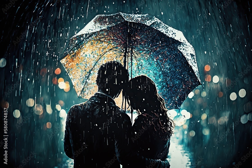 A couple kissing in the rain under umbrella, concept of Intimacy and Romance, created with
