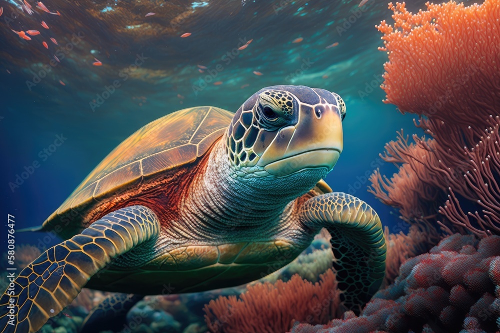 Fototapeta premium a close up of a sea turtle over a coral reef in Hawaii. Generative AI