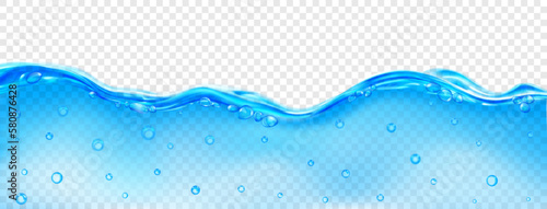 Translucent wave of sea water in light blue color with air bubbles on the surface and in the depth, isolated on transparent background. Transparency only in vector file