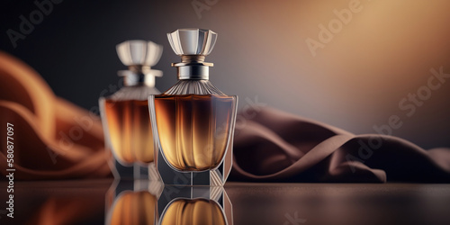 Warm and sensual fragrance perfume bottles. Art composition still life. Stylish parfumerie banner. Generative AI.