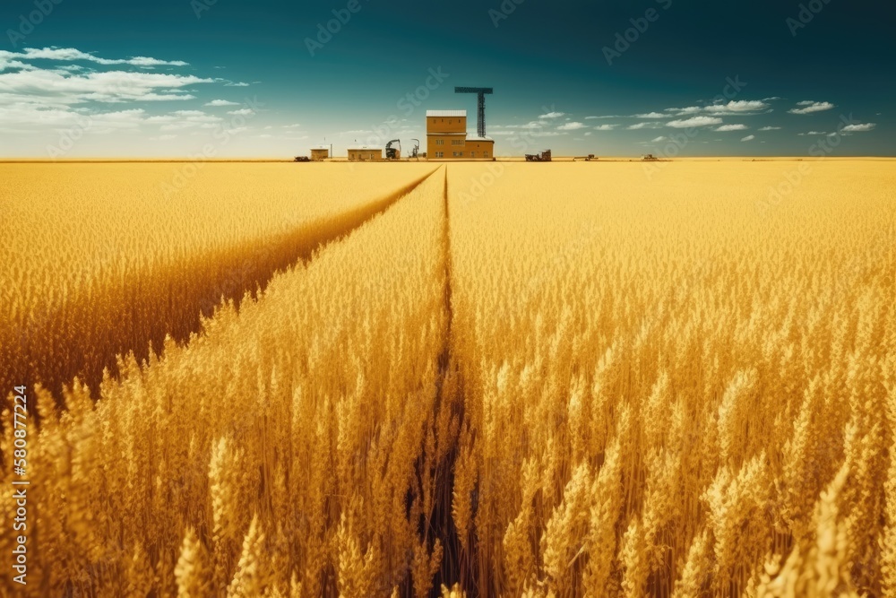 Obraz premium A beautiful yellow field against a blue sky. Agro industrial complex for the cultivation of cereals, wheat, legumes, barley, beans. Generative AI