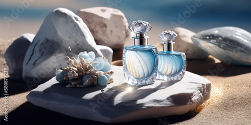 Elegant perfume bottles of aquatic fragrance stylish composition. Generative AI
