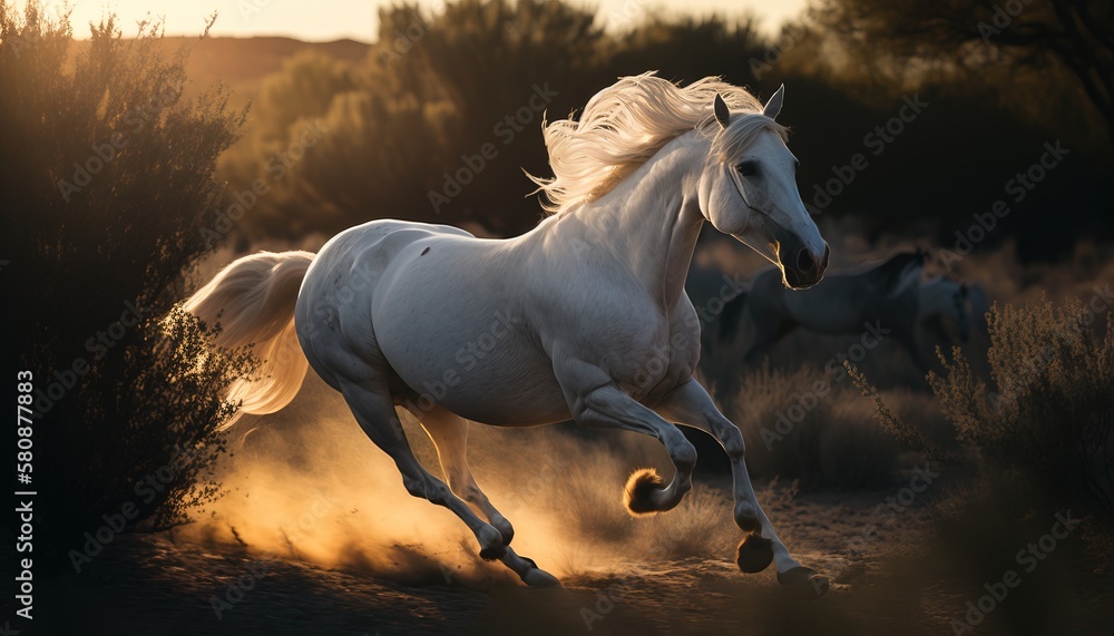 White Horse running at golden hour. Generative AI. White Horse running at golden hour. Generative AI.