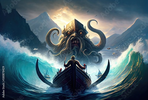 Kraken the giant octopus under the deep sea attacking and sinking the ship background. Digital art illustration. Mythical fantasy creatures concept. Generative AI photo