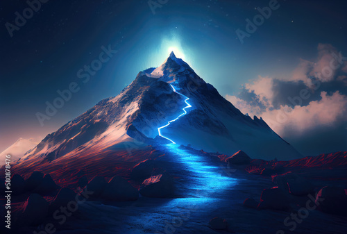 The glowing way to the blue mountain top fantasy illustration background. Business and Success concept. Generative AI