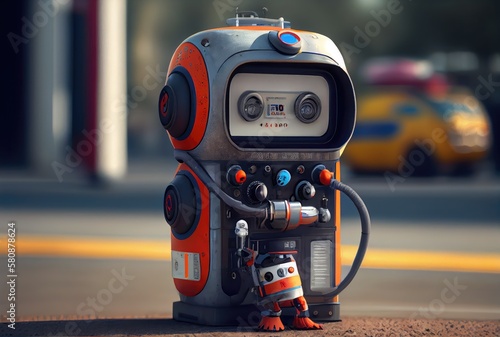 Cute gas station attendant service robot waiting customer for filling the car fuel. Innovative technology and Occupation concept. Generative AI