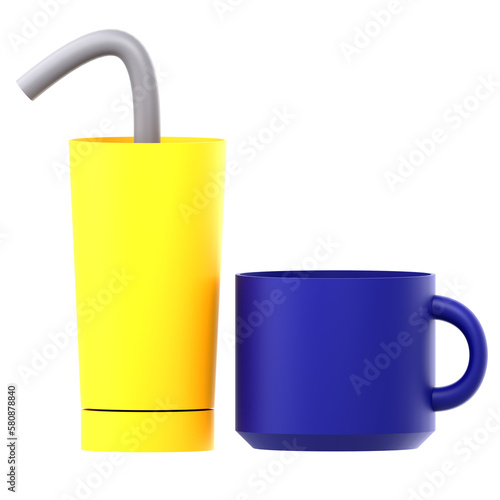 3d glass and cup isolated on white background