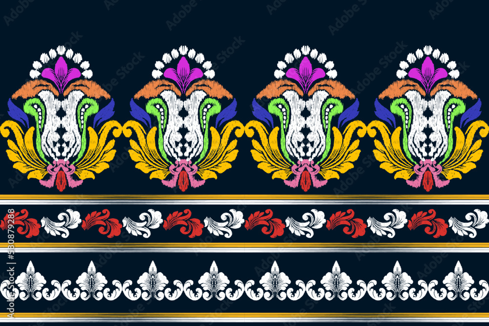 Obraz premium Ikat ethnic seamless pattern design Aztec fabric boho mandalas textile wallpaper tribal native motive carpet ornaments African American Indian folk embroidery vector